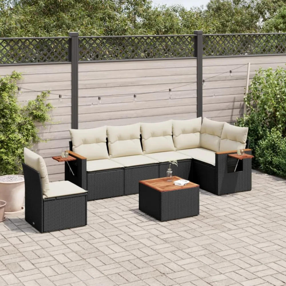 7-delige Loungeset met kussens poly rattan zwart vidaXL
