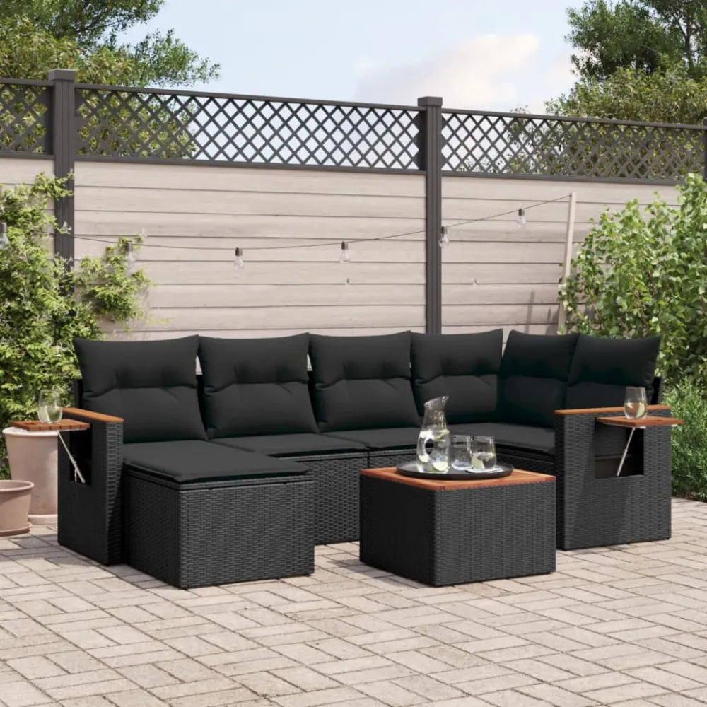 7-delige Loungeset met kussens poly rattan zwart vidaXL