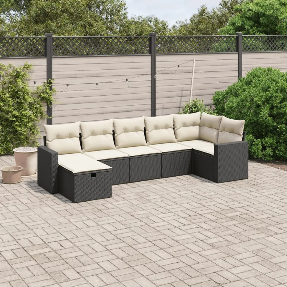 7-delige Loungeset met kussens poly rattan zwart vidaXL