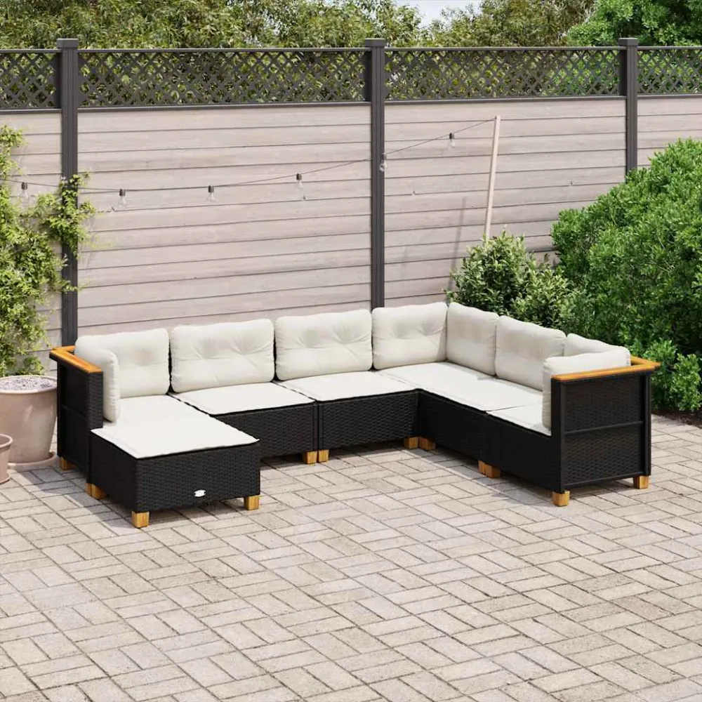 7-delige Loungeset met kussens poly rattan zwart vidaXL