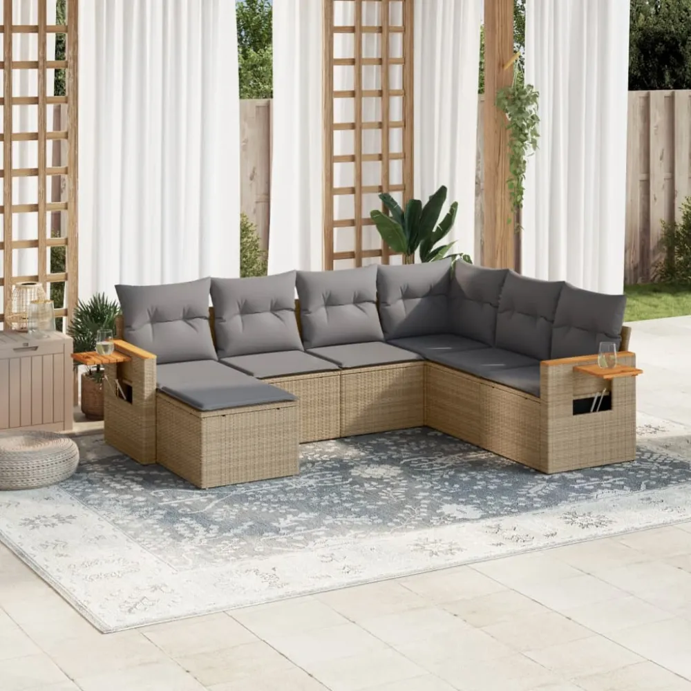 7-delige Loungeset met kussens poly rattan beige vidaXL