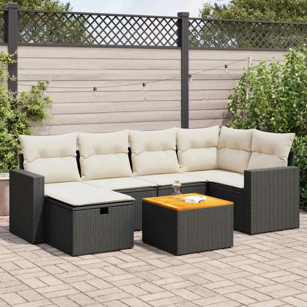 7-delige Loungeset met kussens poly rattan zwart vidaXL