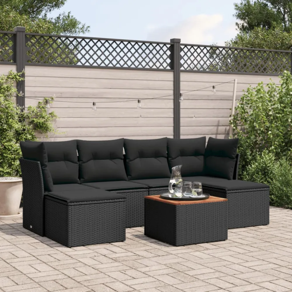 7-delige Loungeset met kussens poly rattan zwart vidaXL