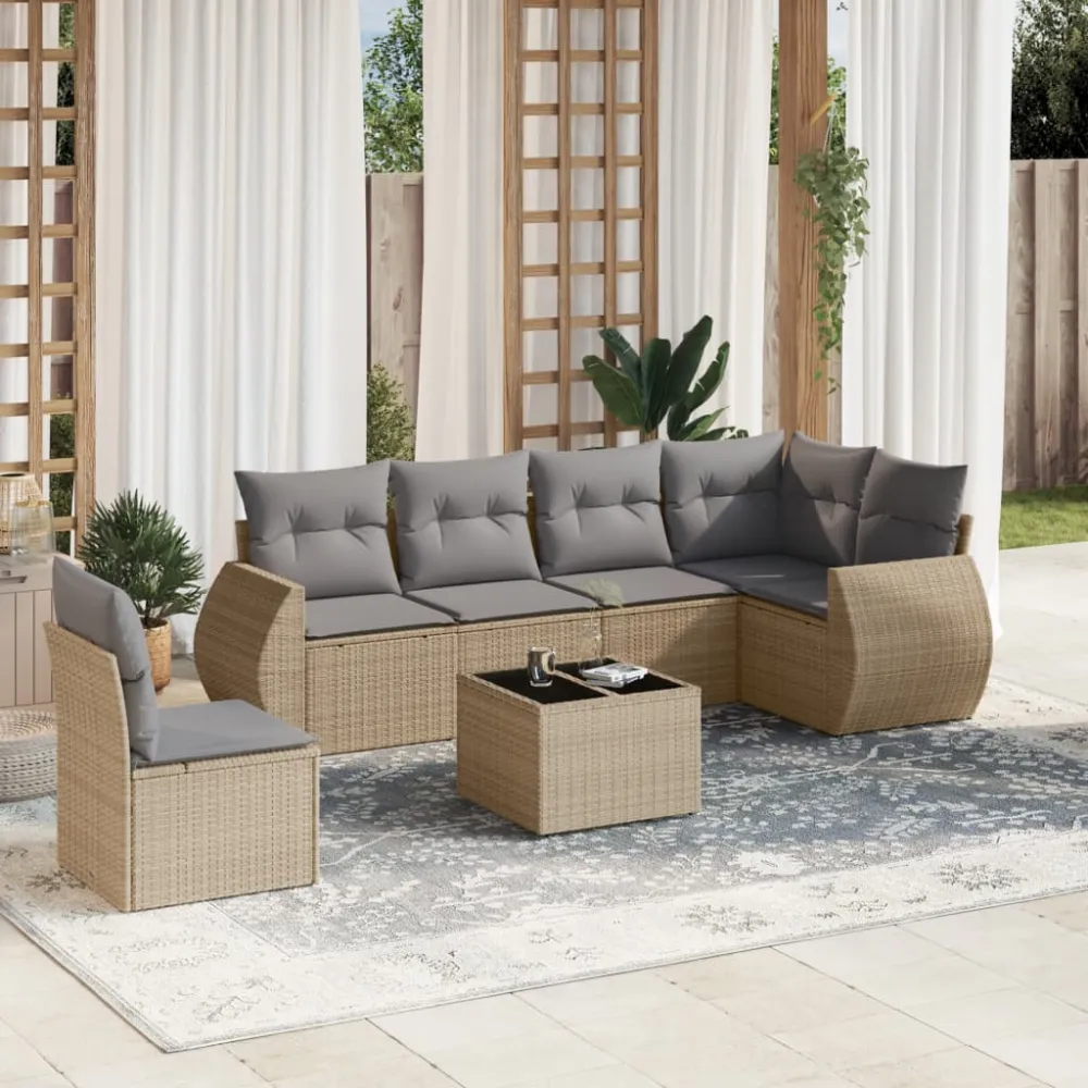 7-delige Loungeset met kussens poly rattan beige vidaXL