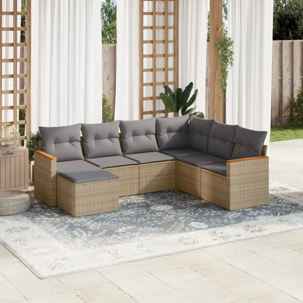 7-delige Loungeset met kussens poly rattan gemengd beige vidaXL