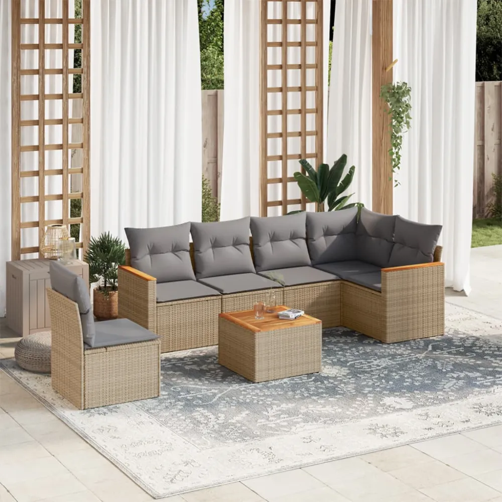 7-delige Loungeset met kussens poly rattan gemengd beige vidaXL