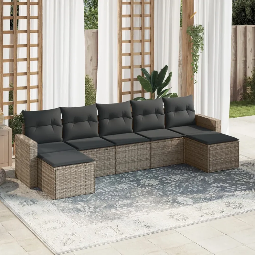 7-delige Loungeset met kussens poly rattan grijs vidaXL