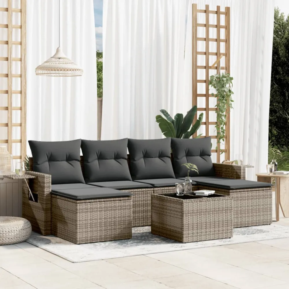 7-delige Loungeset met kussens poly rattan grijs vidaXL