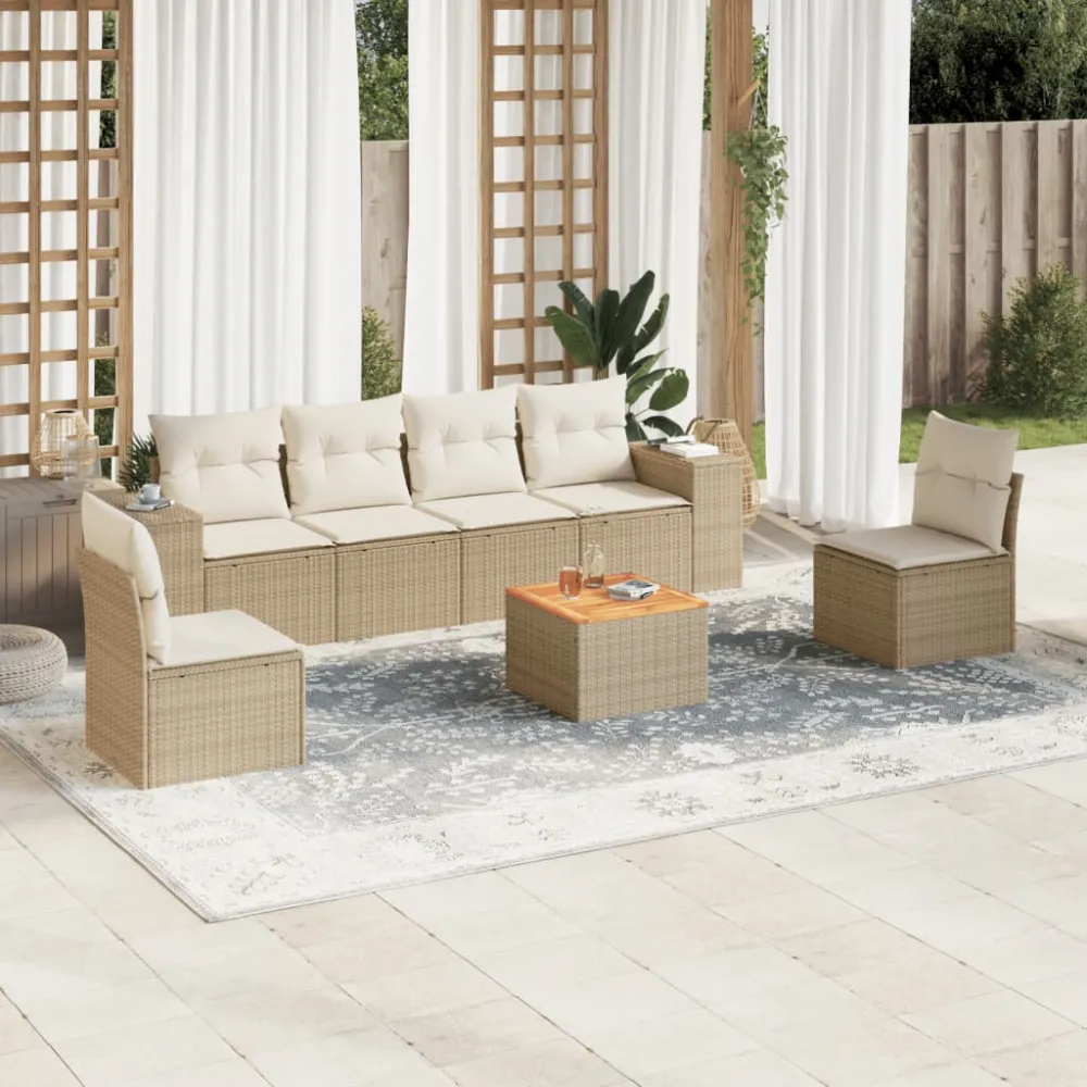7-delige Loungeset met kussens poly rattan beige vidaXL