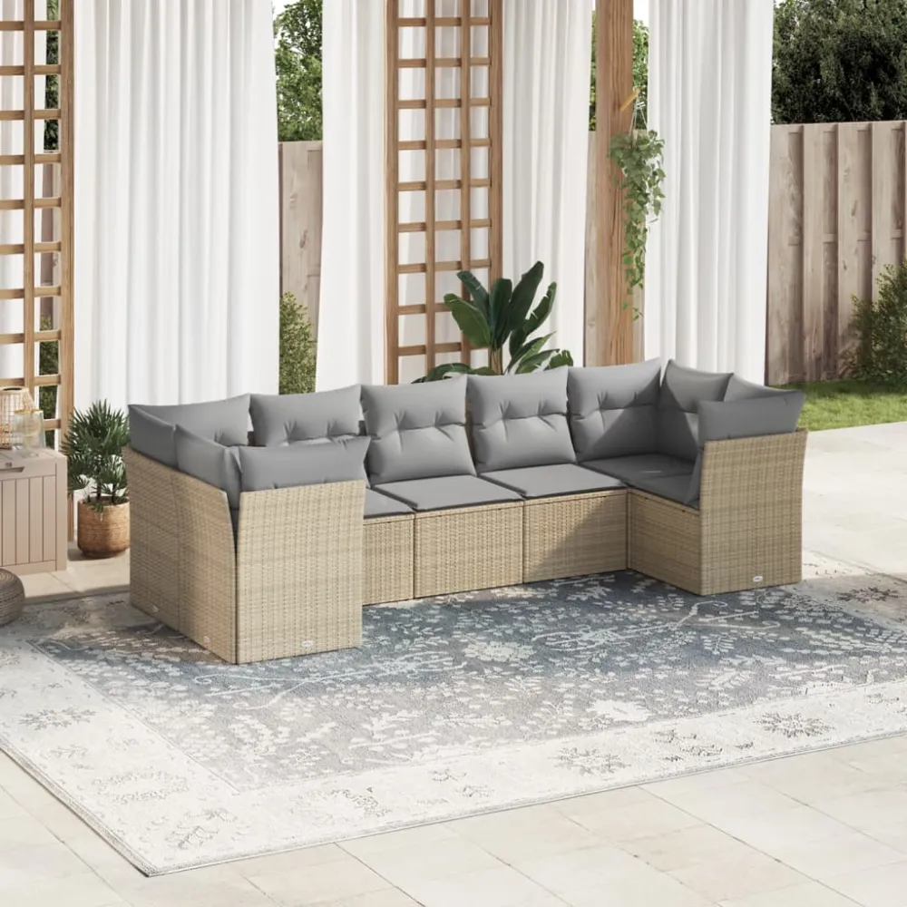 7-delige Loungeset met kussens poly rattan beige vidaXL