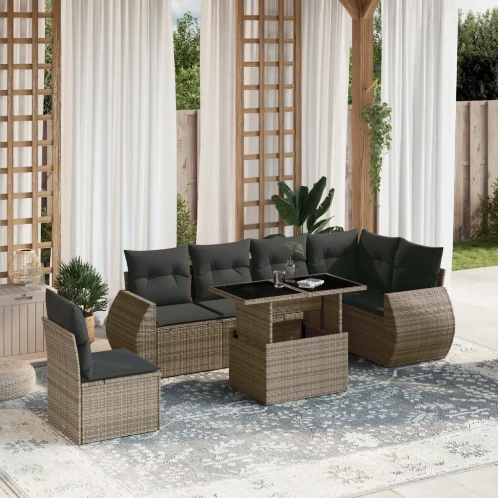 7-delige Loungeset met kussens poly rattan grijs vidaXL