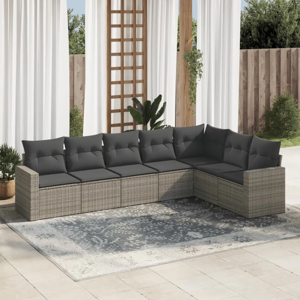7-delige Loungeset met kussens poly rattan grijs vidaXL