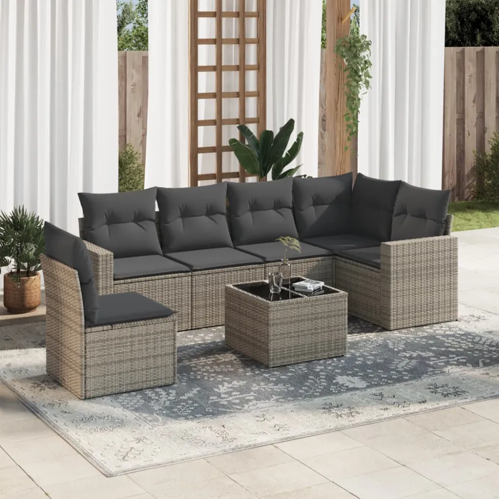 7-delige Loungeset met kussens poly rattan grijs vidaXL