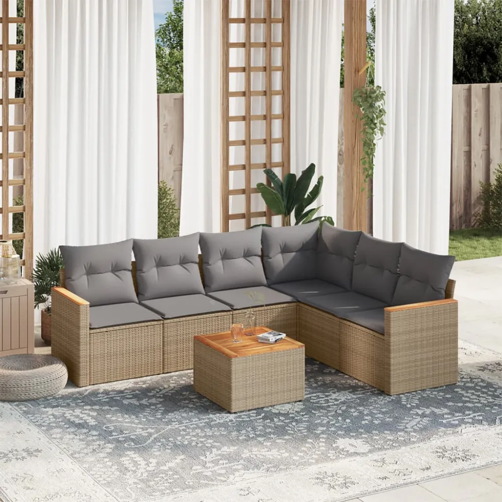 7-delige Loungeset met kussens poly rattan gemengd beige vidaXL