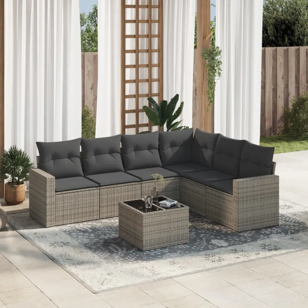 7-delige Loungeset met kussens poly rattan grijs vidaXL