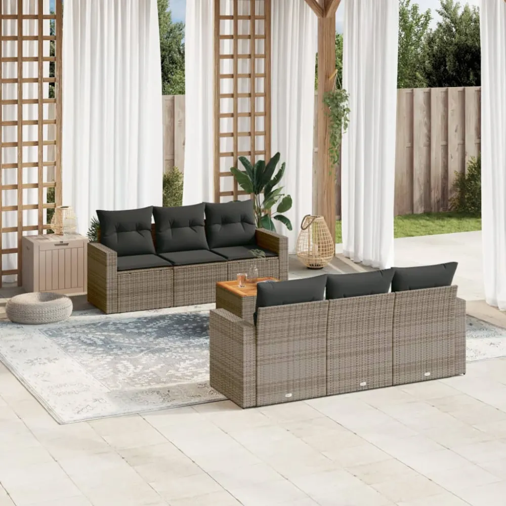 7-delige Loungeset met kussens poly rattan grijs vidaXL