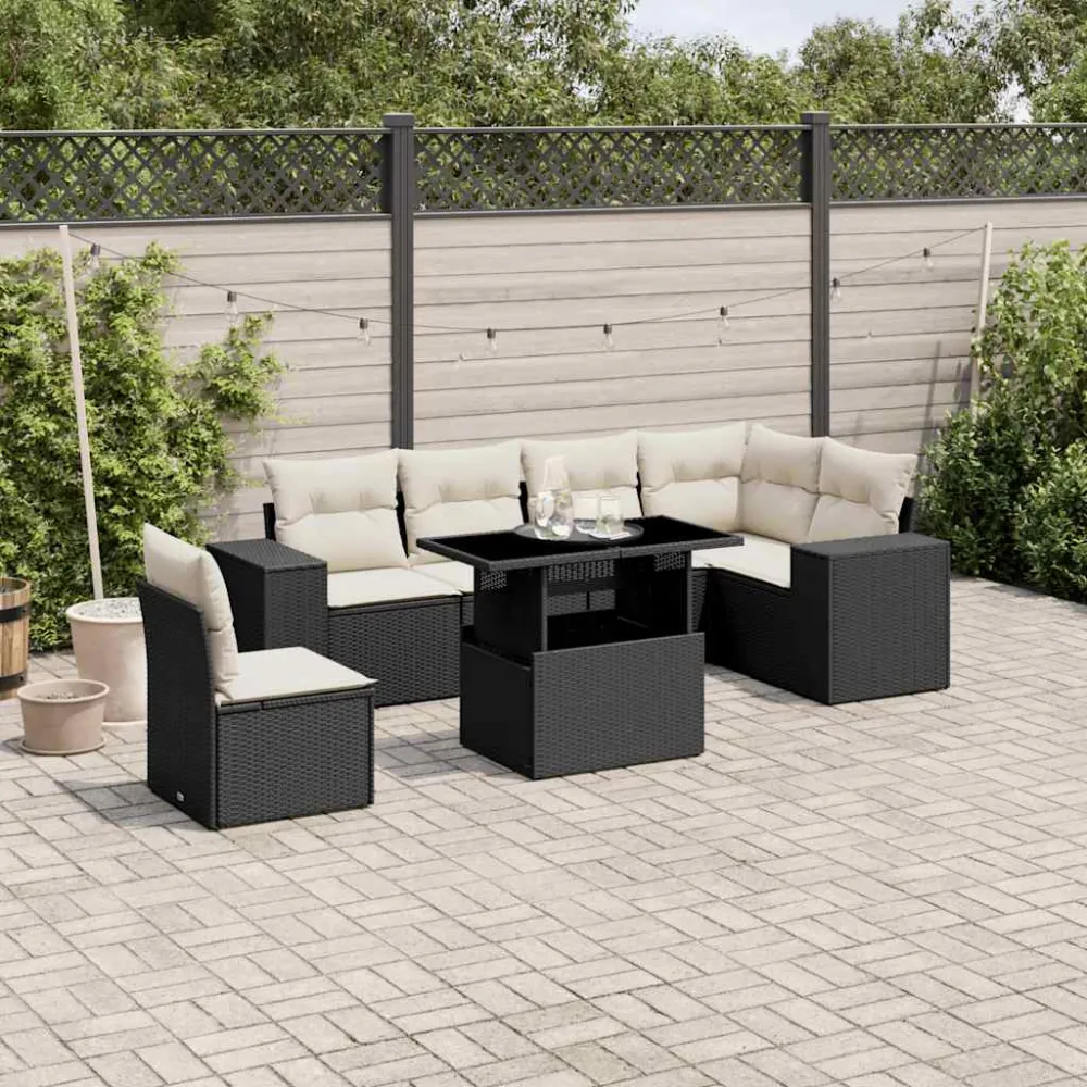 7-delige Loungeset met kussens poly rattan zwart vidaXL