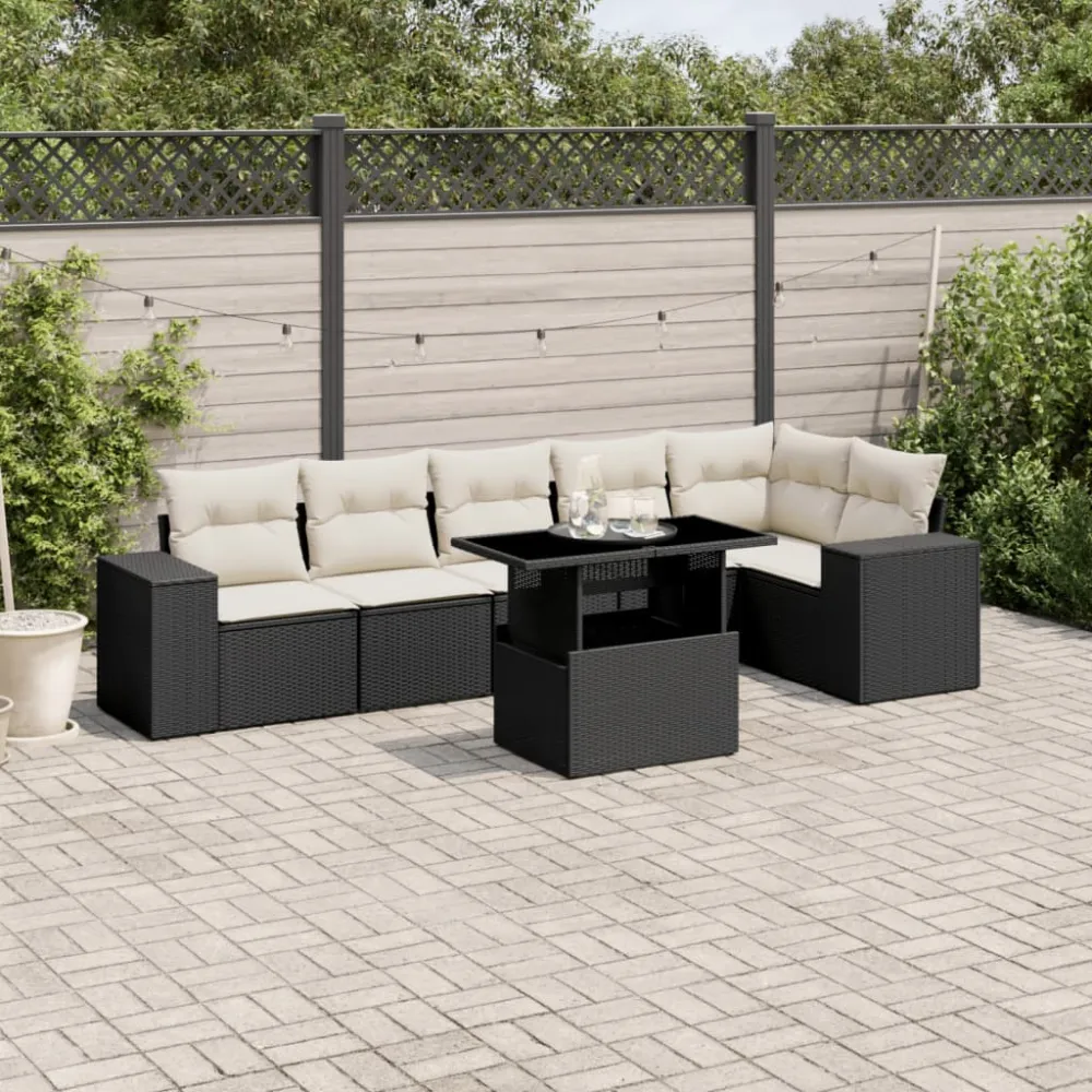7-delige Loungeset met kussens poly rattan zwart vidaXL