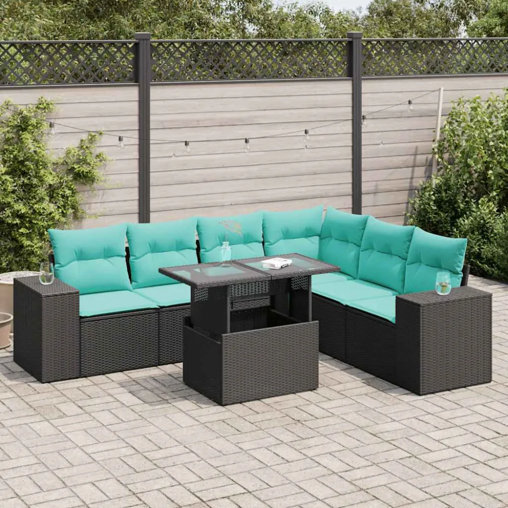 7-delige Loungeset met kussens poly rattan acacia zwart vidaXL