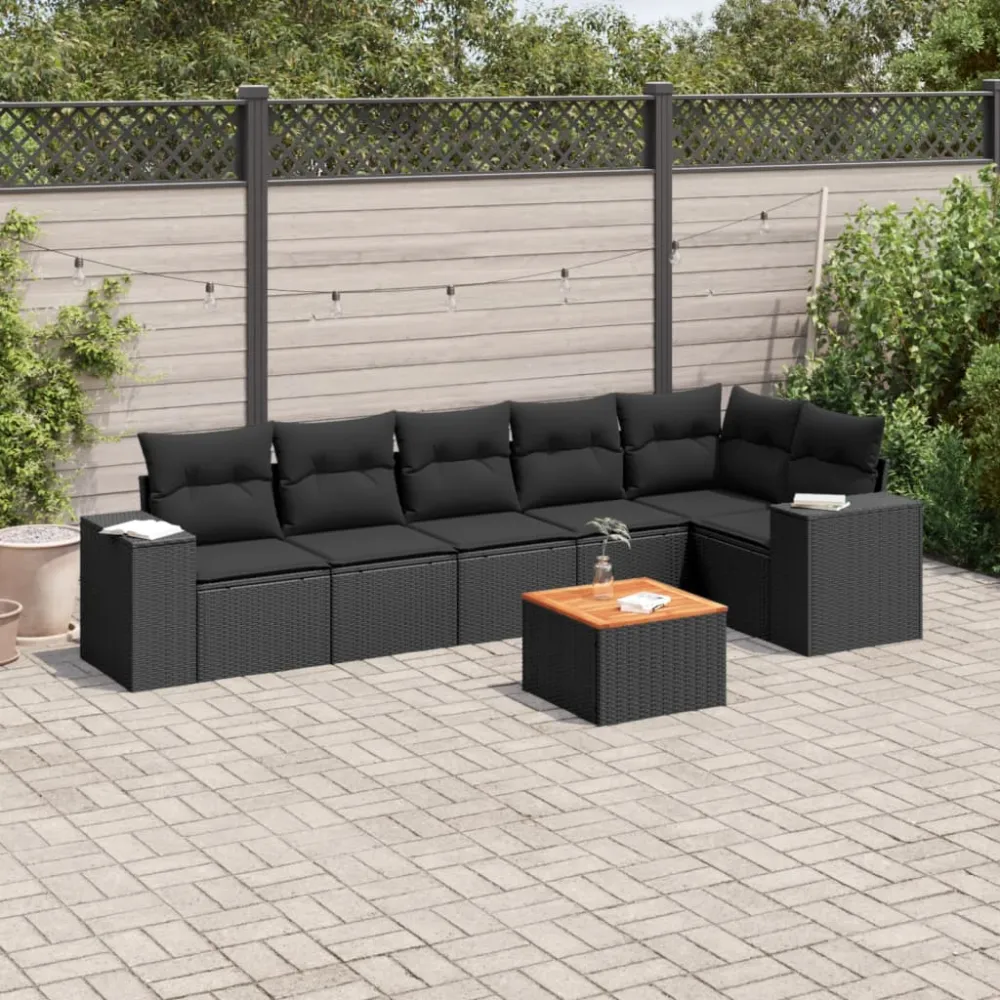 7-delige Loungeset met kussens poly rattan zwart vidaXL