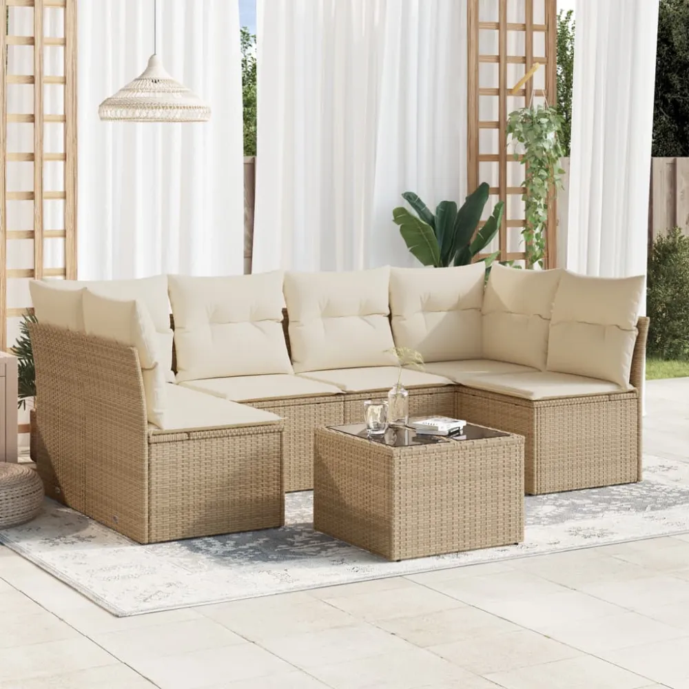 7-delige Loungeset met kussens poly rattan beige vidaXL