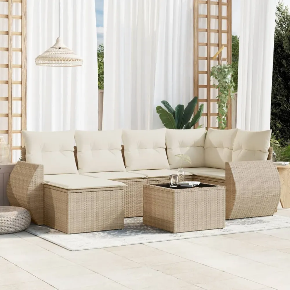 7-delige Loungeset met kussens poly rattan beige vidaXL