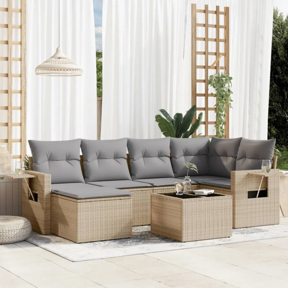 7-delige Loungeset met kussens poly rattan beige vidaXL