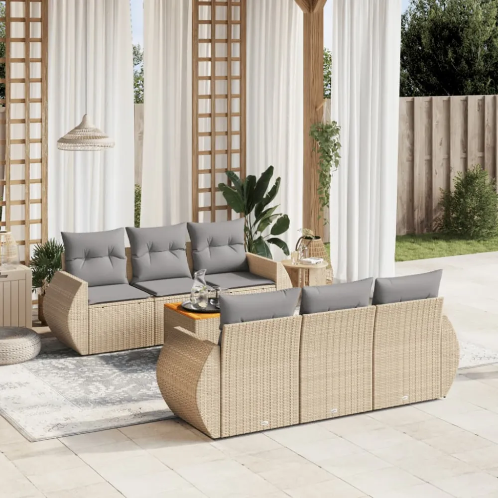 7-delige Loungeset met kussens poly rattan beige vidaXL