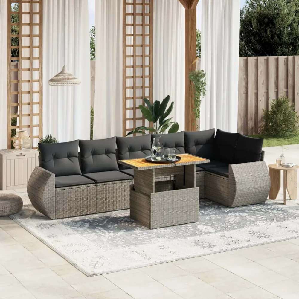 7-delige Loungeset met kussens poly rattan grijs vidaXL