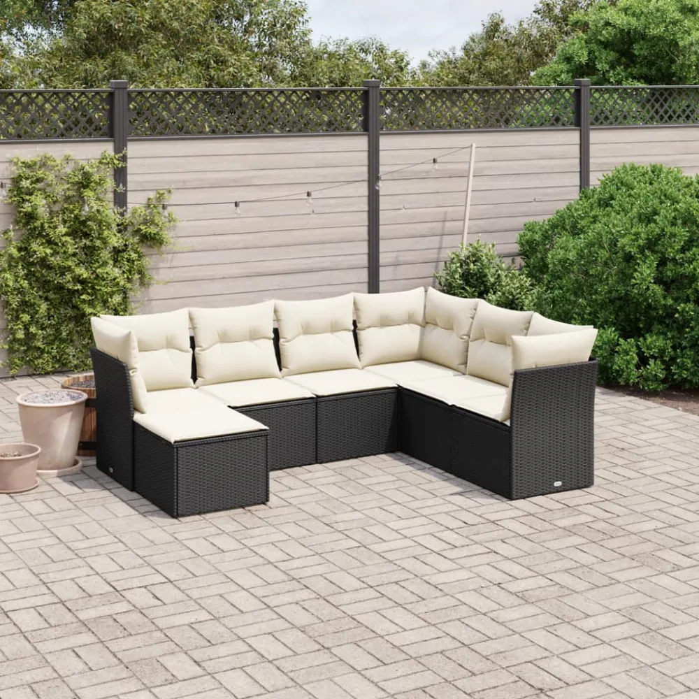 7-delige Loungeset met kussens poly rattan zwart vidaXL