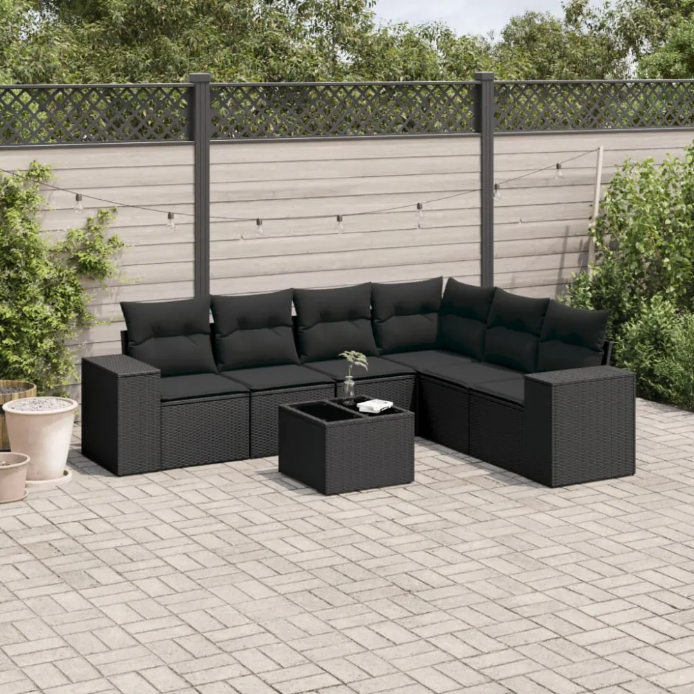 7-delige Loungeset met kussens poly rattan zwart vidaXL