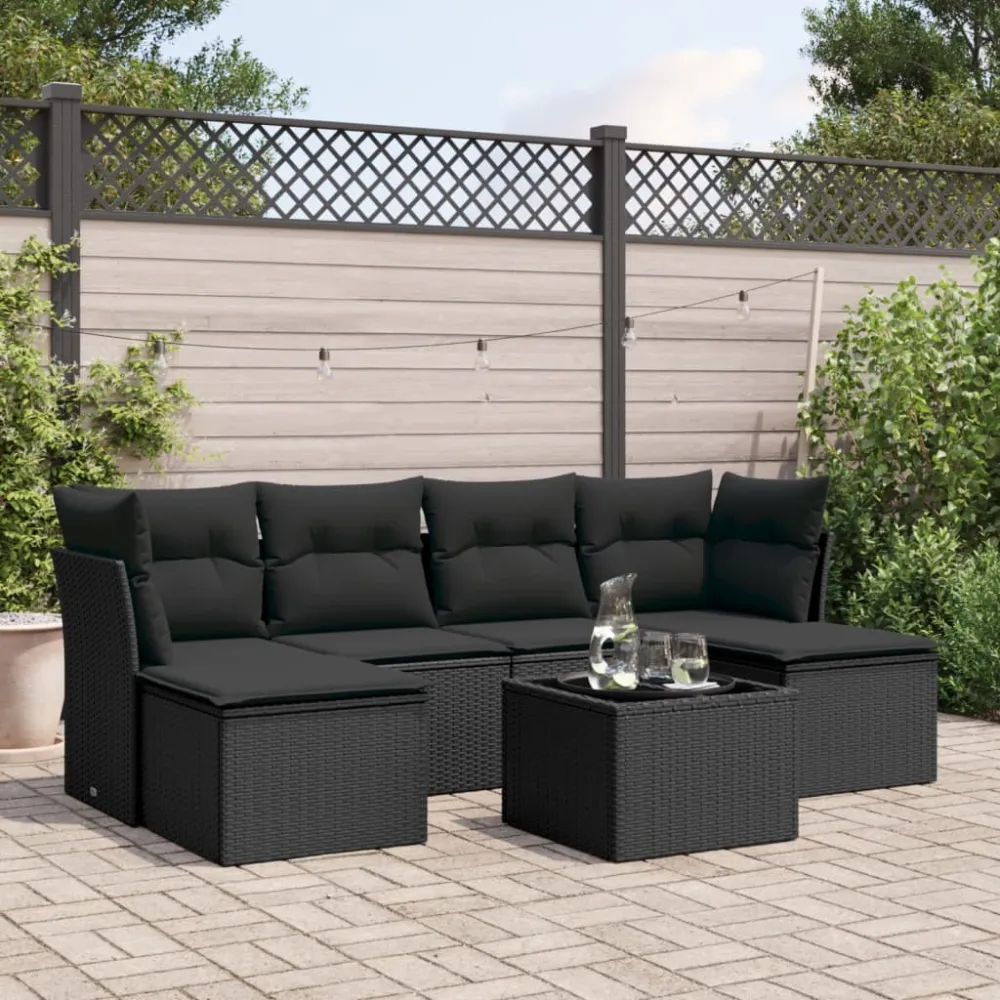 7-delige Loungeset met kussens poly rattan zwart vidaXL