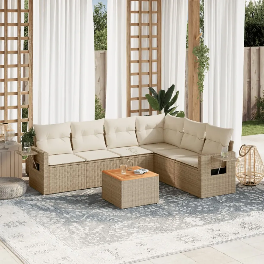 7-delige Loungeset met kussens poly rattan beige vidaXL