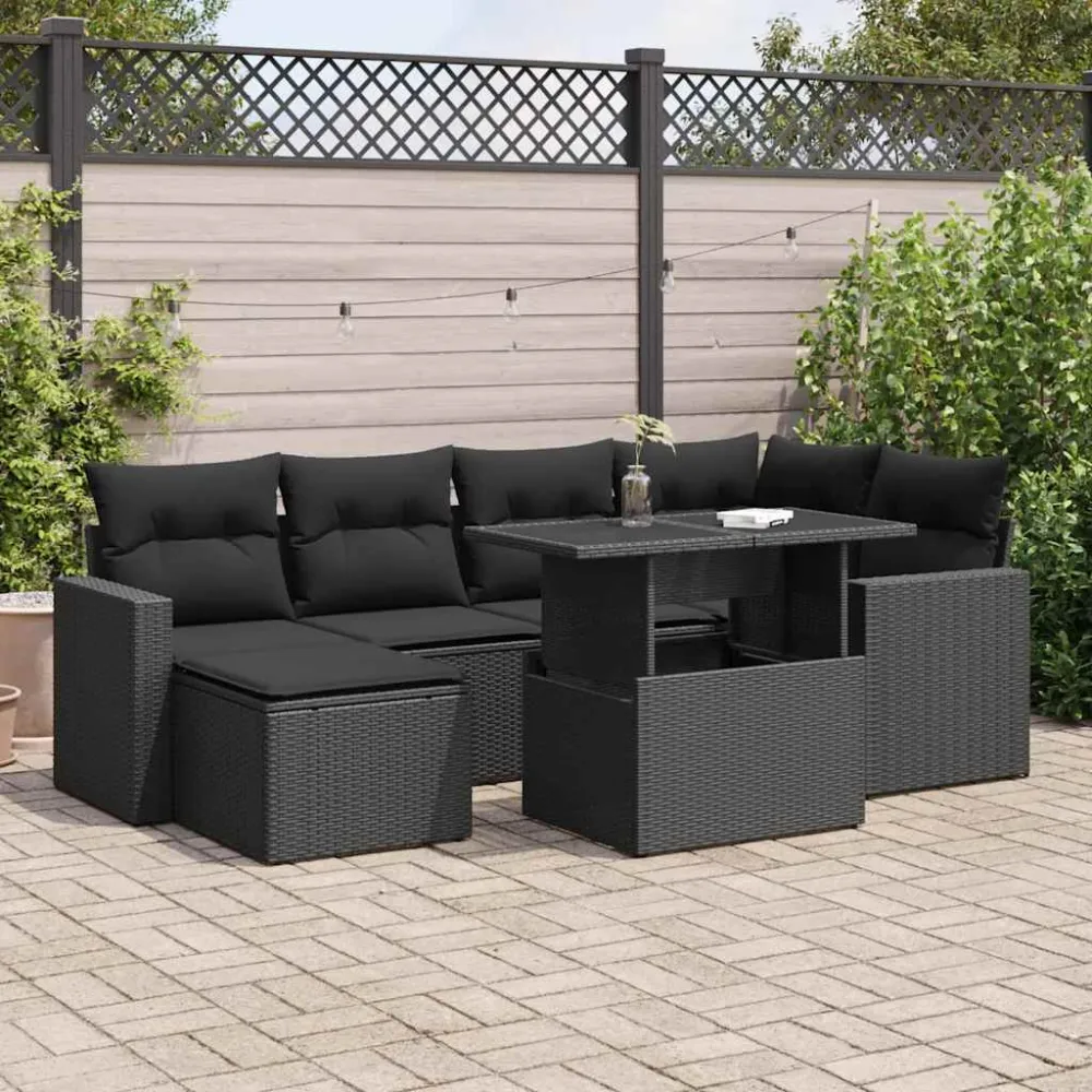 7-delige Loungeset met kussens poly rattan zwart vidaXL