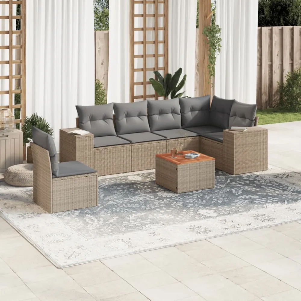7-delige Loungeset met kussens poly rattan beige vidaXL