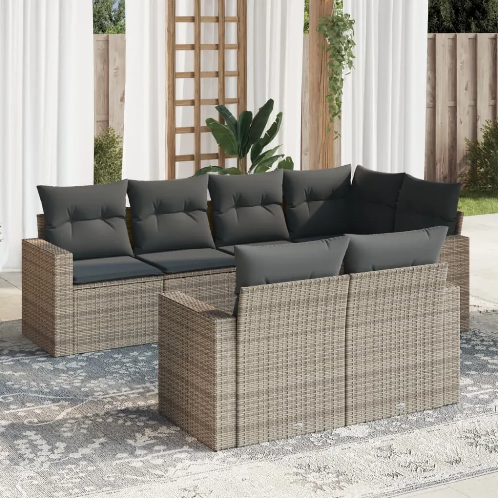 7-delige Loungeset met kussens poly rattan grijs vidaXL