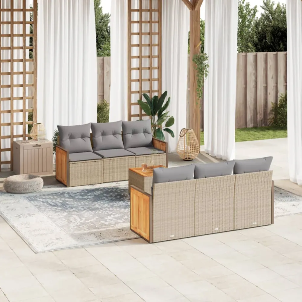 7-delige Loungeset met kussens poly rattan beige vidaXL