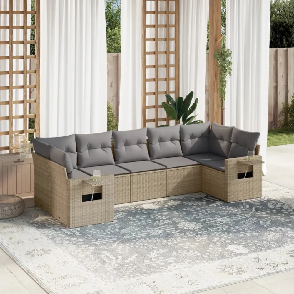 7-delige Loungeset met kussens poly rattan beige vidaXL