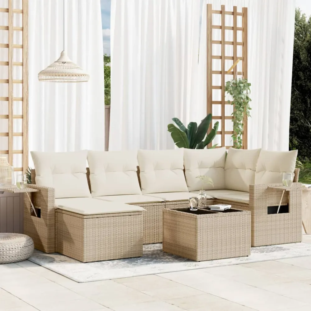 7-delige Loungeset met kussens poly rattan beige vidaXL