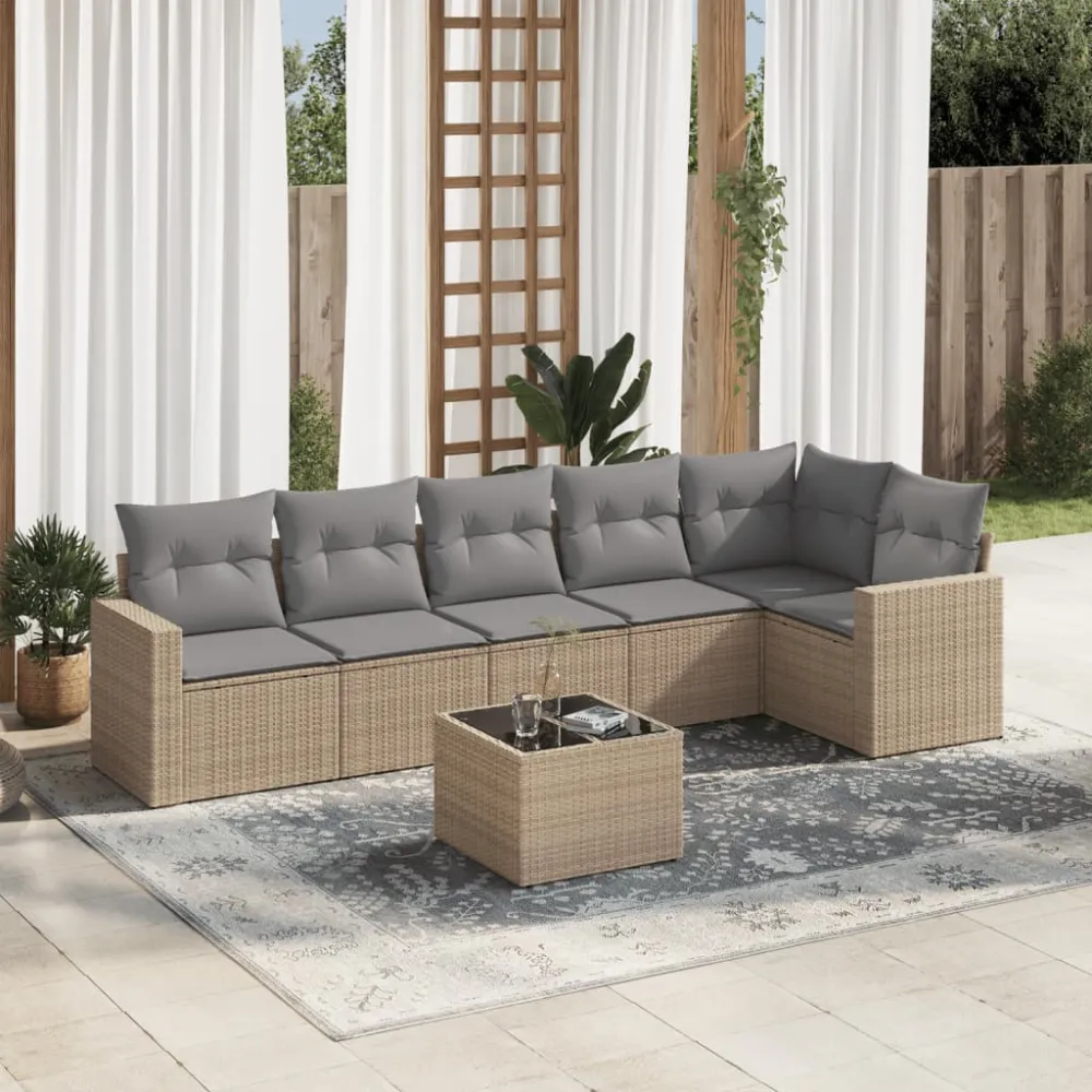 7-delige Loungeset met kussens poly rattan beige vidaXL
