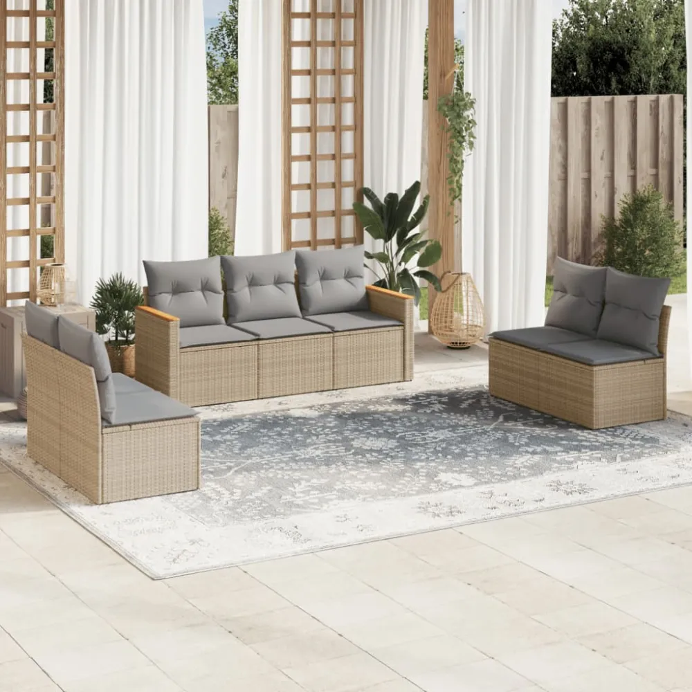 7-delige Loungeset met kussens poly rattan gemengd beige vidaXL