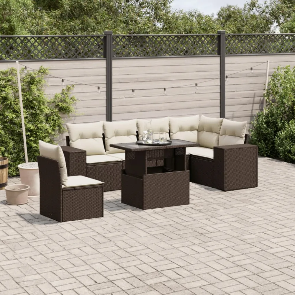 7-delige Loungeset met kussens poly rattan bruin vidaXL