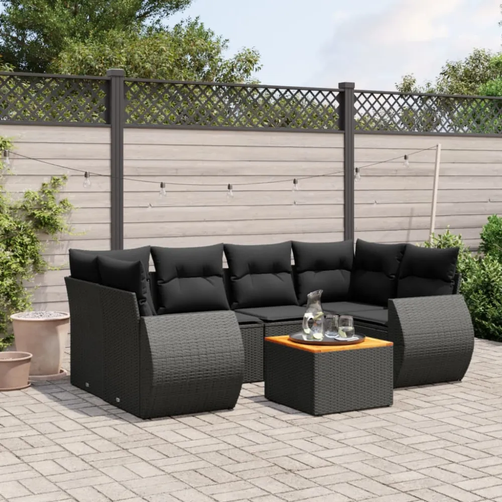 7-delige Loungeset met kussens poly rattan zwart vidaXL