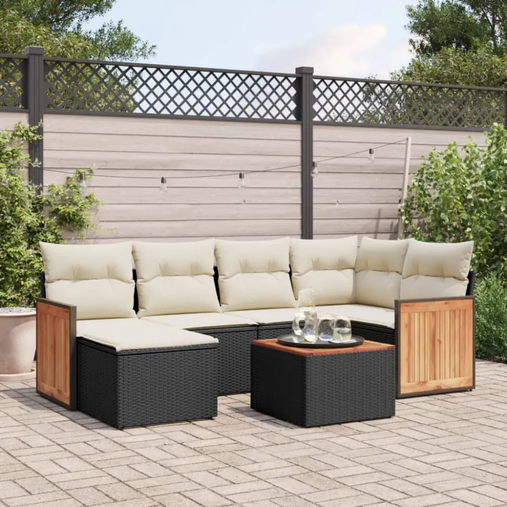 7-delige Loungeset met kussens poly rattan zwart vidaXL