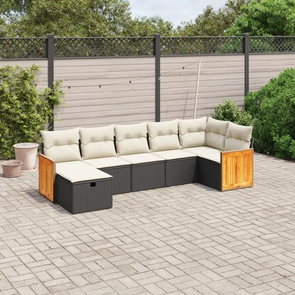 7-delige Loungeset met kussens poly rattan zwart vidaXL