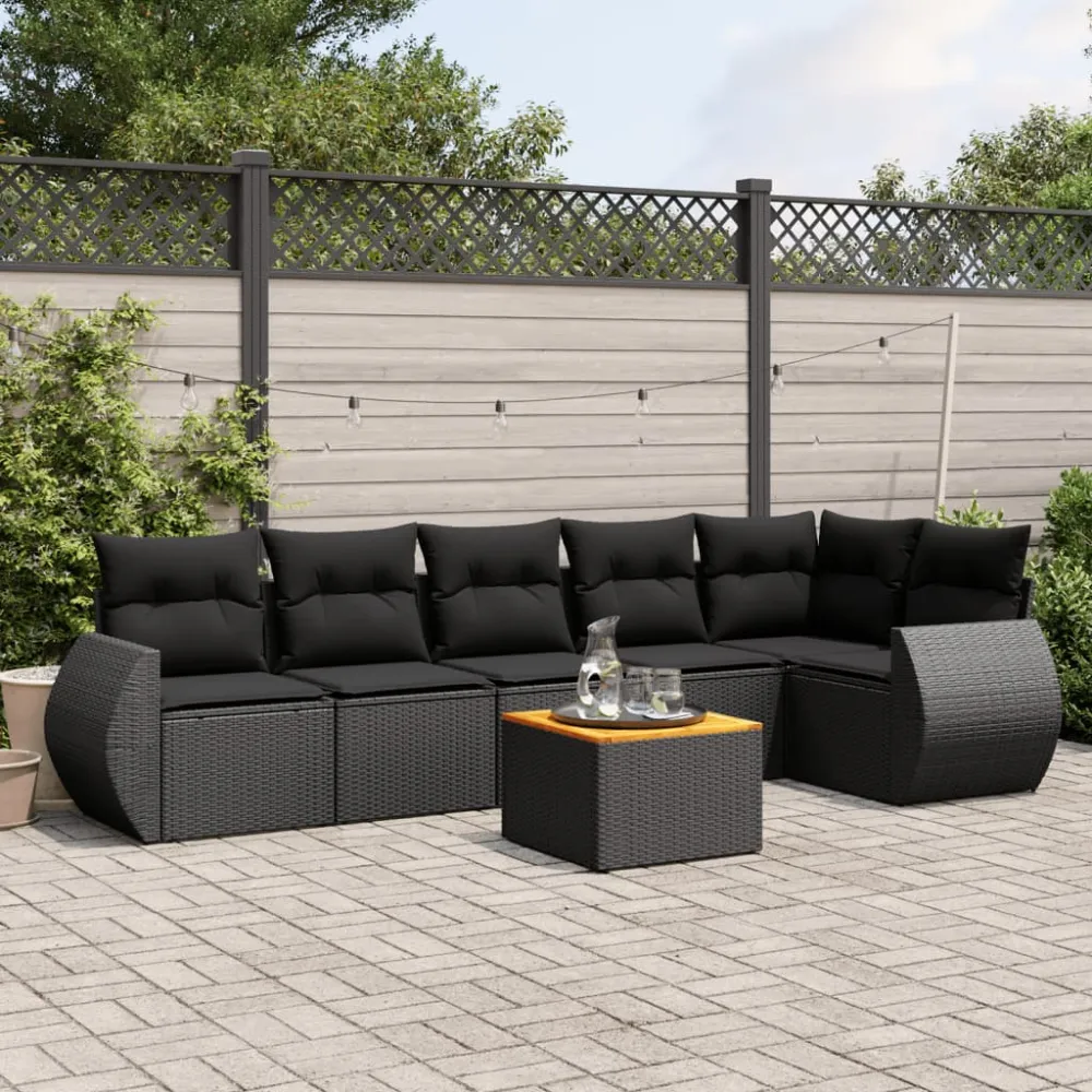 7-delige Loungeset met kussens poly rattan zwart vidaXL