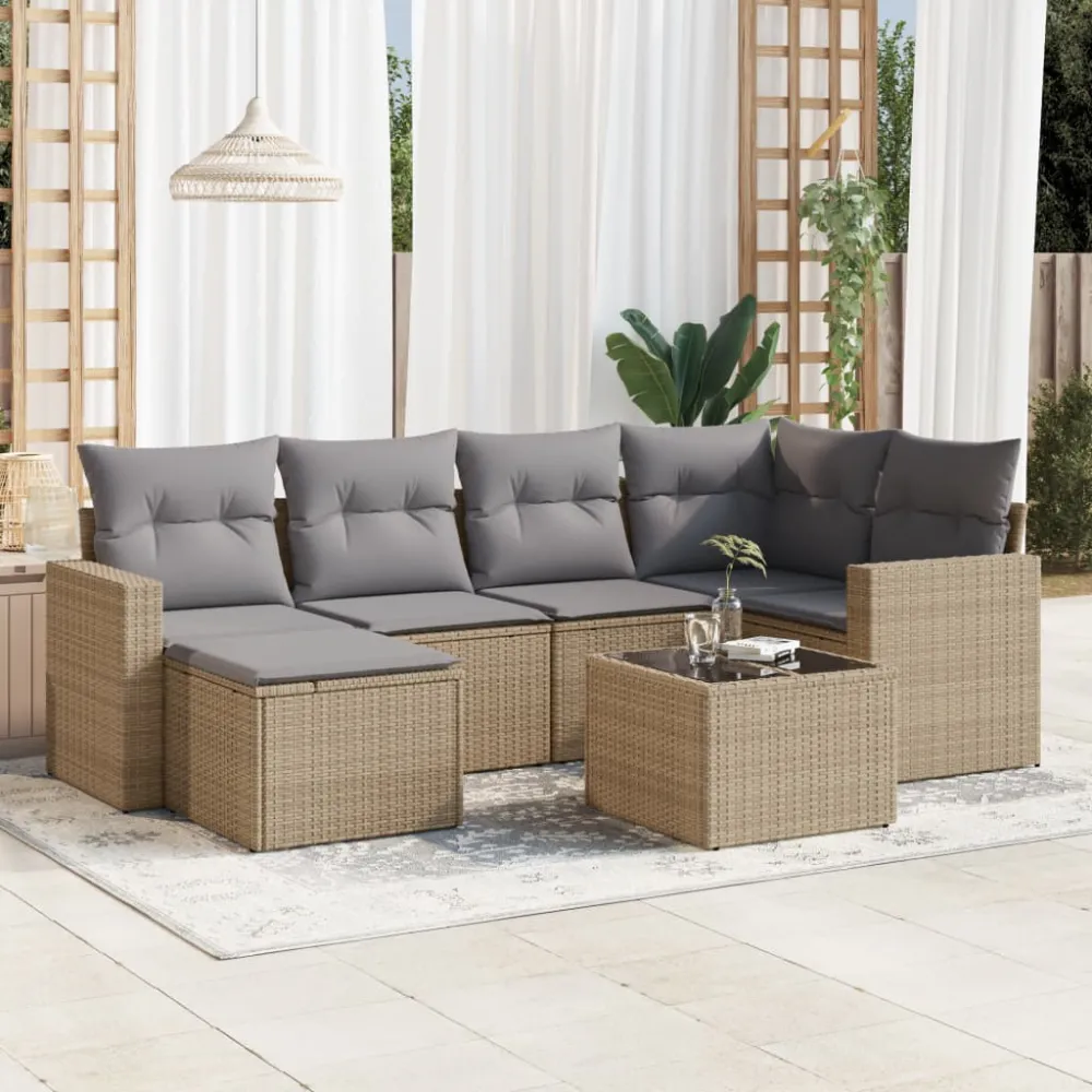 7-delige Loungeset met kussens poly rattan beige vidaXL
