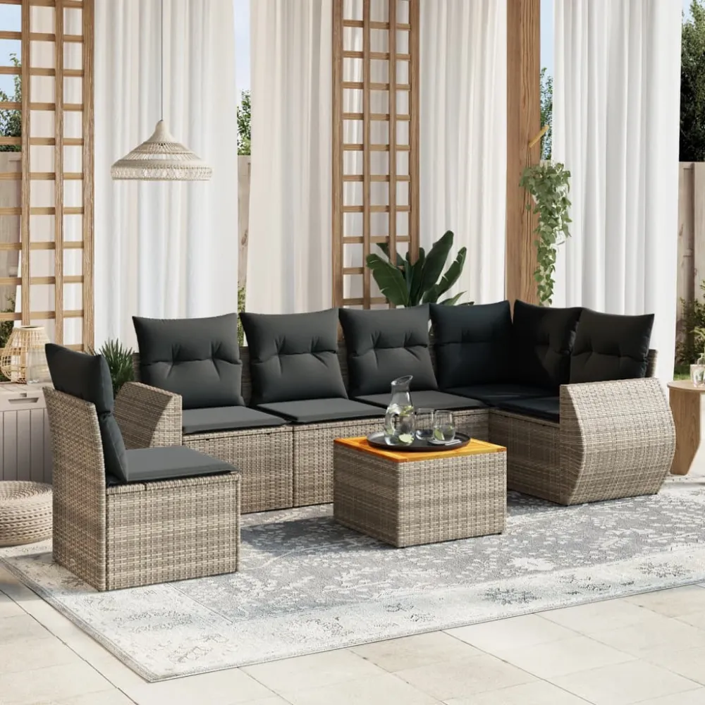7-delige Loungeset met kussens poly rattan grijs vidaXL