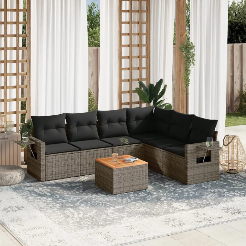 7-delige Loungeset met kussens poly rattan grijs vidaXL