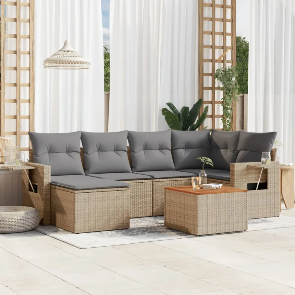 7-delige Loungeset met kussens poly rattan beige vidaXL